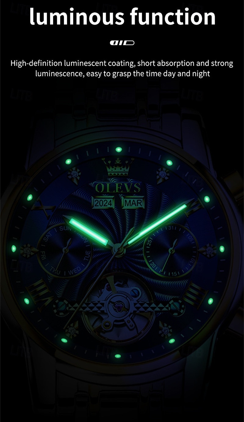 Orologio automatico da uomo Olevs Skeleton, lussuoso orologio da polso da lavoro bicolore in acciaio inossidabile con calendario multifunzione, orologio meccanico analogico luminescente impermeabile, del 2026 a $109.99 –P11