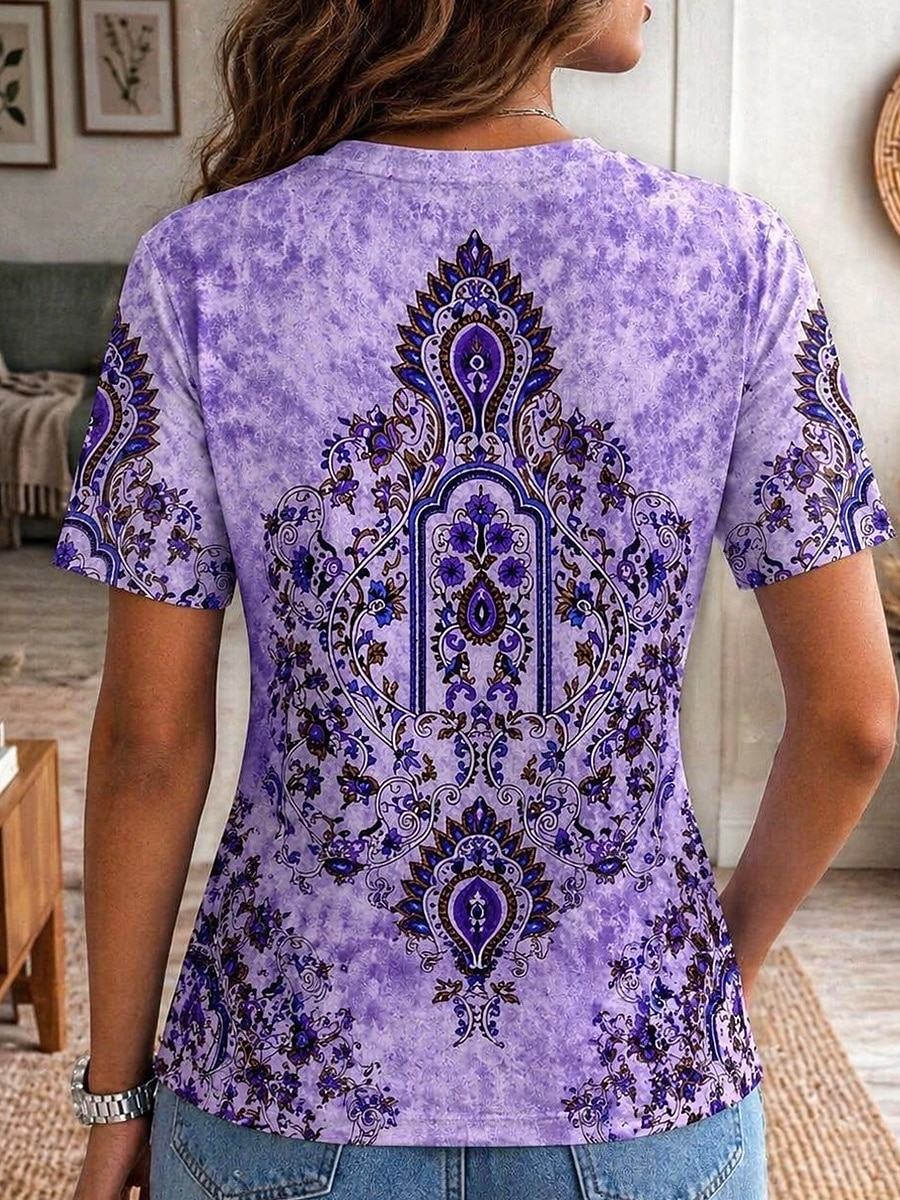 Pentru femei Tricou Imprimeu Grafic Abstract Epocă Stilat Clasic Manșon scurt Stil Nautic În V Topuri obișnuite Casual Zilnic Sfârșit de săptămână Albastru piscină Negru Galben Mov Maro Vară Primăvară 2026 - $21.99 –P3