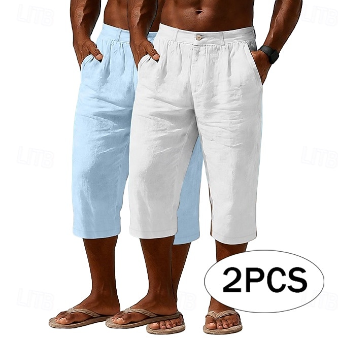 Homme Shorts Capri Shorts en Lin Short décontracté Avec Poches Taille Élastique Uni Confort Respirant Longueur mollet Quotidien Extérieur Plage Vacances Mode Noir + Bleu Marine Bleu Marine + Gris Non de 2026 ? $33.99 –P1