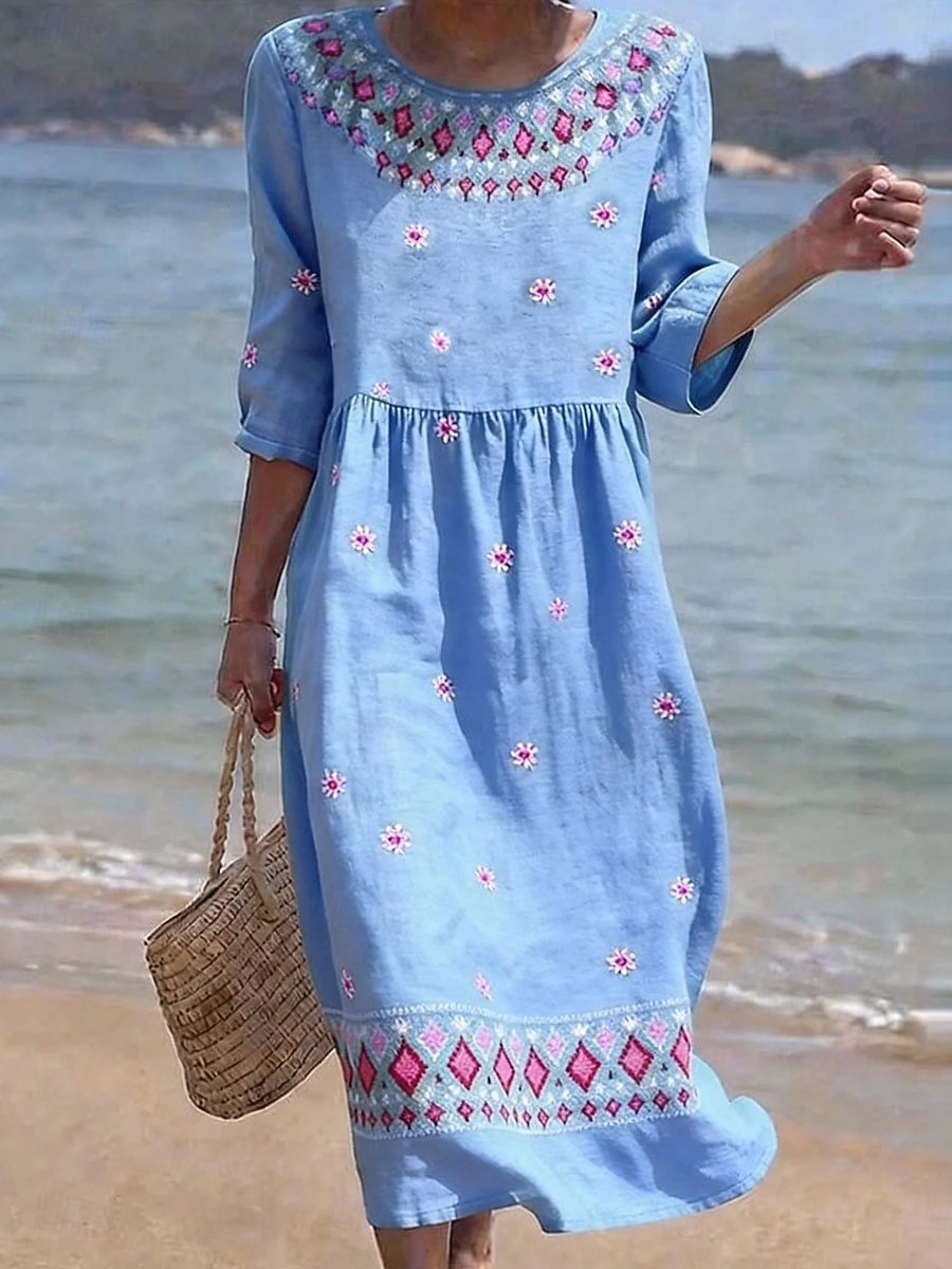 Dames Halflange jurk Zonnejurk Zomerjurk Vakantie Casual Boho Strand Feestdagen Ruim Passend Bloemig Grafisch Geometrisch 3/4 mouw Strakke ronde hals blauw Blozend Roze Paars Groen Zomer Lente 2026 - $34.99 –P5