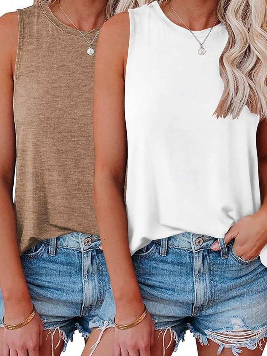 Confezioni multiple 2 pezzi Per donna Girocollo Senza Maniche Bianco + rosa Canotta Maglietta senza maniche Maglietta Tinta unica Casuale Quotidiano Poliestere Estate del 2026 a $25.99 –P12