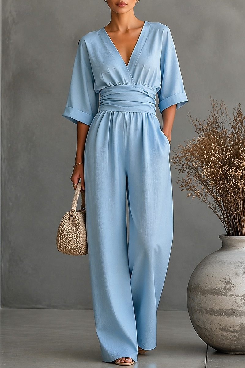 Damen Overall Elegant Einfarbig Halbarm Weites Bein V Ausschnitt Patchwork Tasche Täglich Urlaub Normale Passform Schwarz Weiß Gelb Sommer 2026 - $37.99 –P1