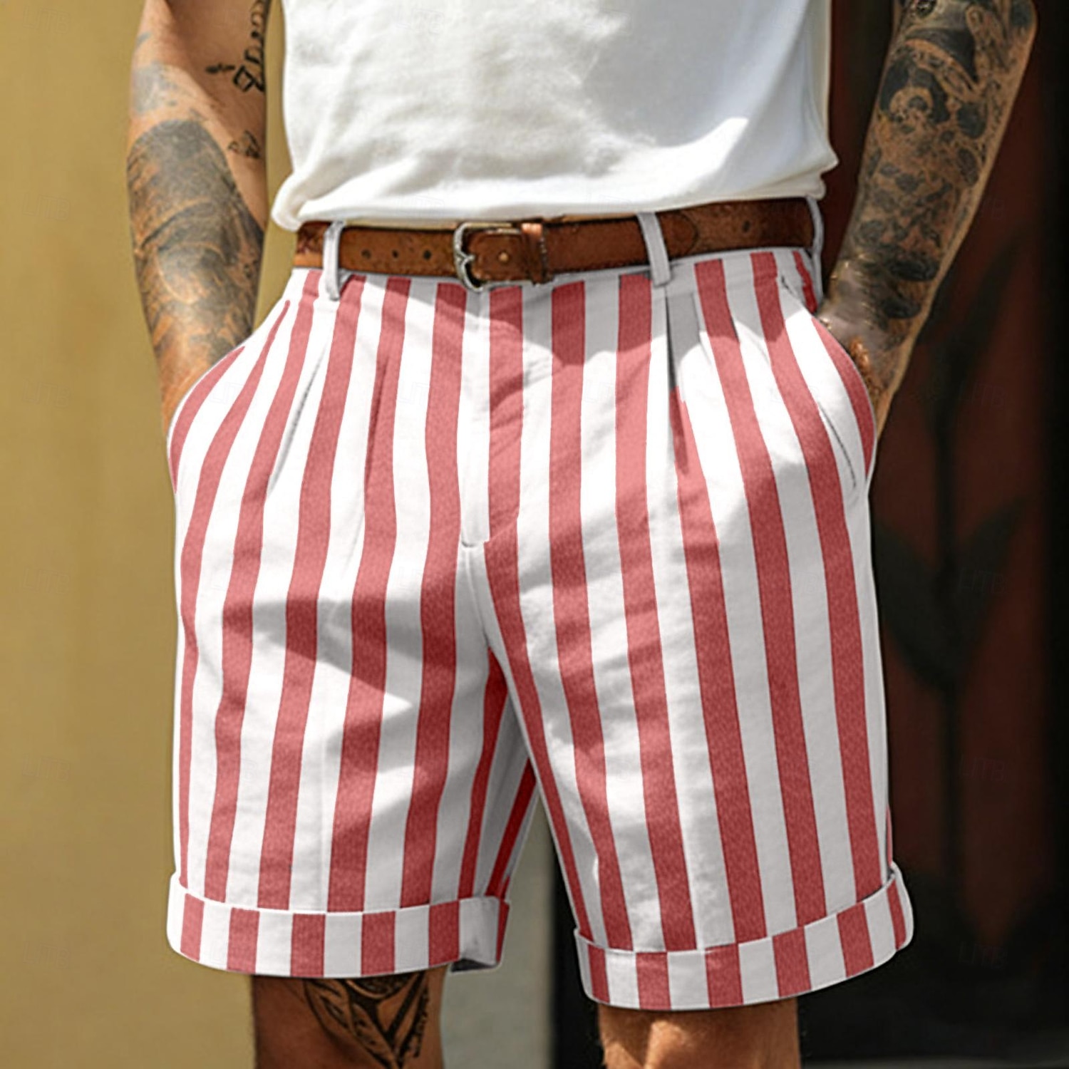 Hombre Pantalón corto Pantalones cortos de lino Pantalones cortos de verano Pantalones cortos de playa Bolsillo Cintura elástica A Rayas Comodidad Transpirable Longitud de la rodilla Casual Diario 2026 - $24.99 –P4