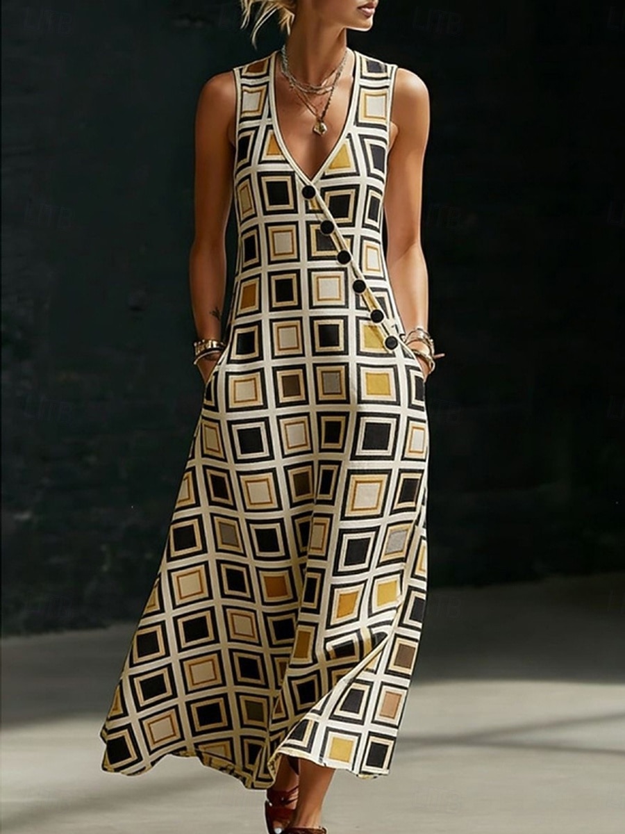 Mujer Vestido maxi Vestido de verano Vestido informal Vestido de una línea Elegante Vacaciones Playa Festivos Ajuste regular Graphic Geométrico Sin Mangas Escote en Pico Amarillo Marrón Beige Verano 2026 - $42.99 –P2