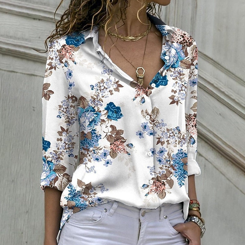 Dames Overhemd Blouse Lapwerk Knop Bloemig Stijlvol Klassiek Modern Lange mouw Overhemdkraag Normale tops Dagelijks Feestdagen Uitgaan blauw Paars Groen Zomer Lente 2026 - $29.99 –P2
