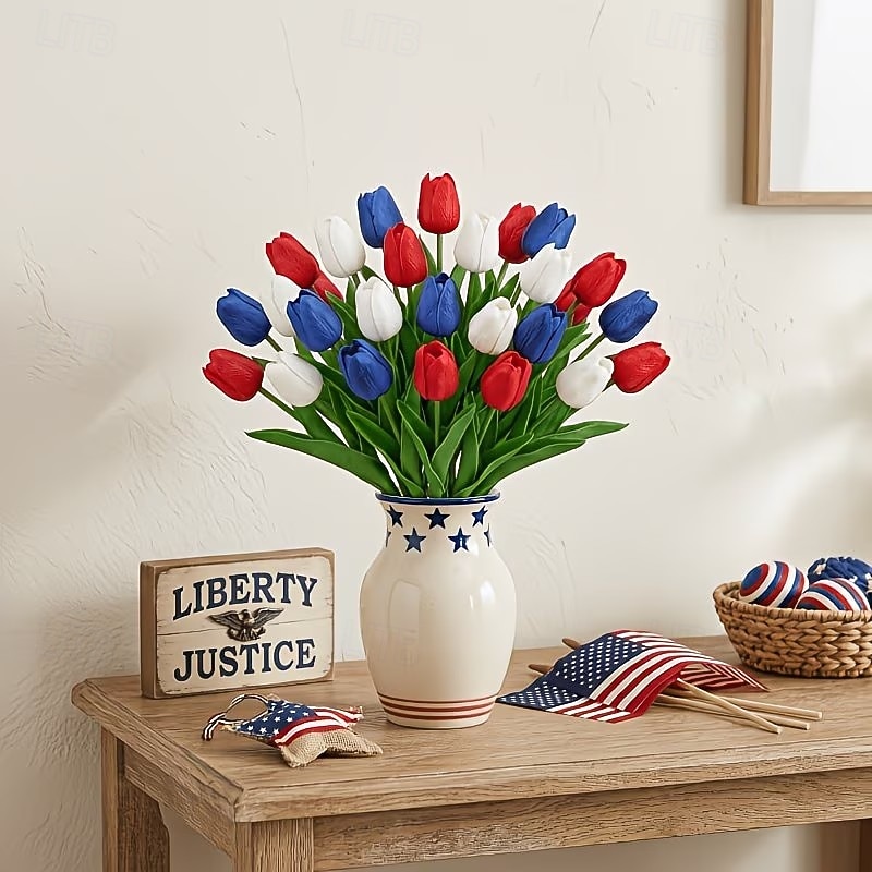Conjunto de 20 tulipas artificiais vermelhas, brancas e azuis com toque realista, flores patrióticas de imitação adequadas para decorações do Dia da Independência (4 de julho), decoração de casa e de 2026 por $22.99 –P4