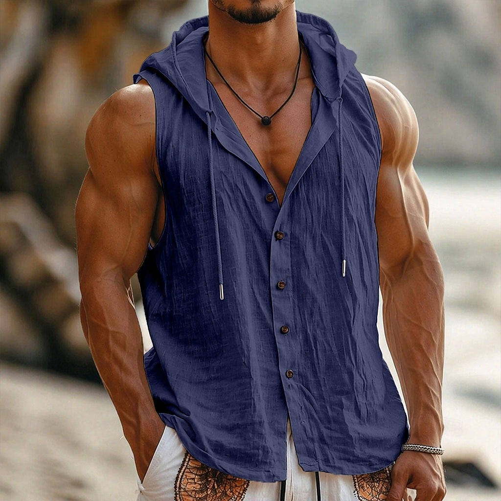Herren Hemd Leinenhemd Sommerhemd Strandbekleidung Knopfhemd Kapuzenhemd Einfarbig Urlaub Straße Blau Schwarz Weiß Gelb Ärmellos Mit Kapuze Sommer Frühling Bekleidung 2026 - $21.99 –P11