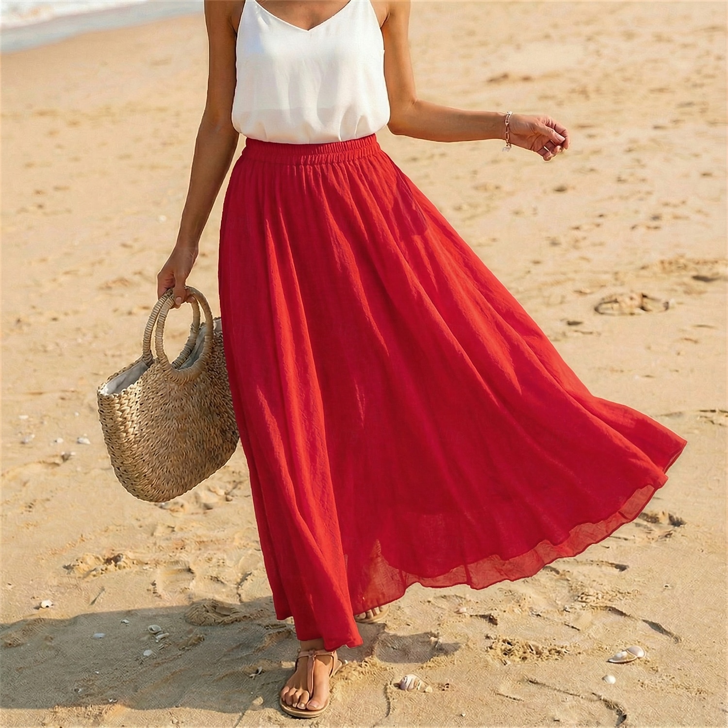 Women's Linen Blend Vacation Skirt Casual Maxi High Waist Skirts Holiday turmeric White Sky Blue Dark Green Summer 2026 - $27.99 –P12