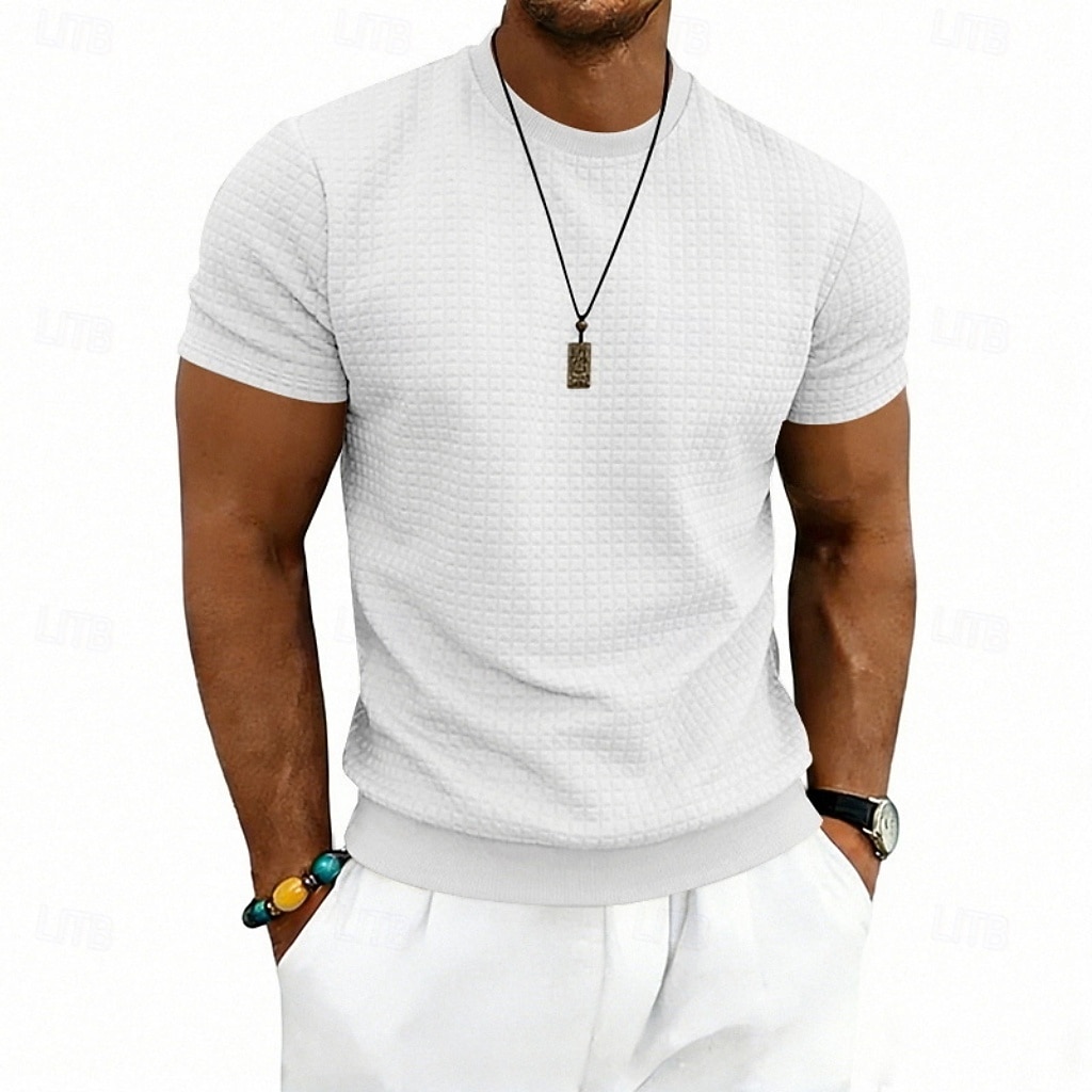 Herre Vaffel T-skjorte T skjorte Kortermet skjorte T-skjorte Kortermet Crew-hals Sommer Vår Helfarge Gatemote Stilfull Sportslig Jacquard Daglig utendørs Feriereise Hvit Svart Mørkegrå Topp T-skjorte 2026 - $20.99 –P9