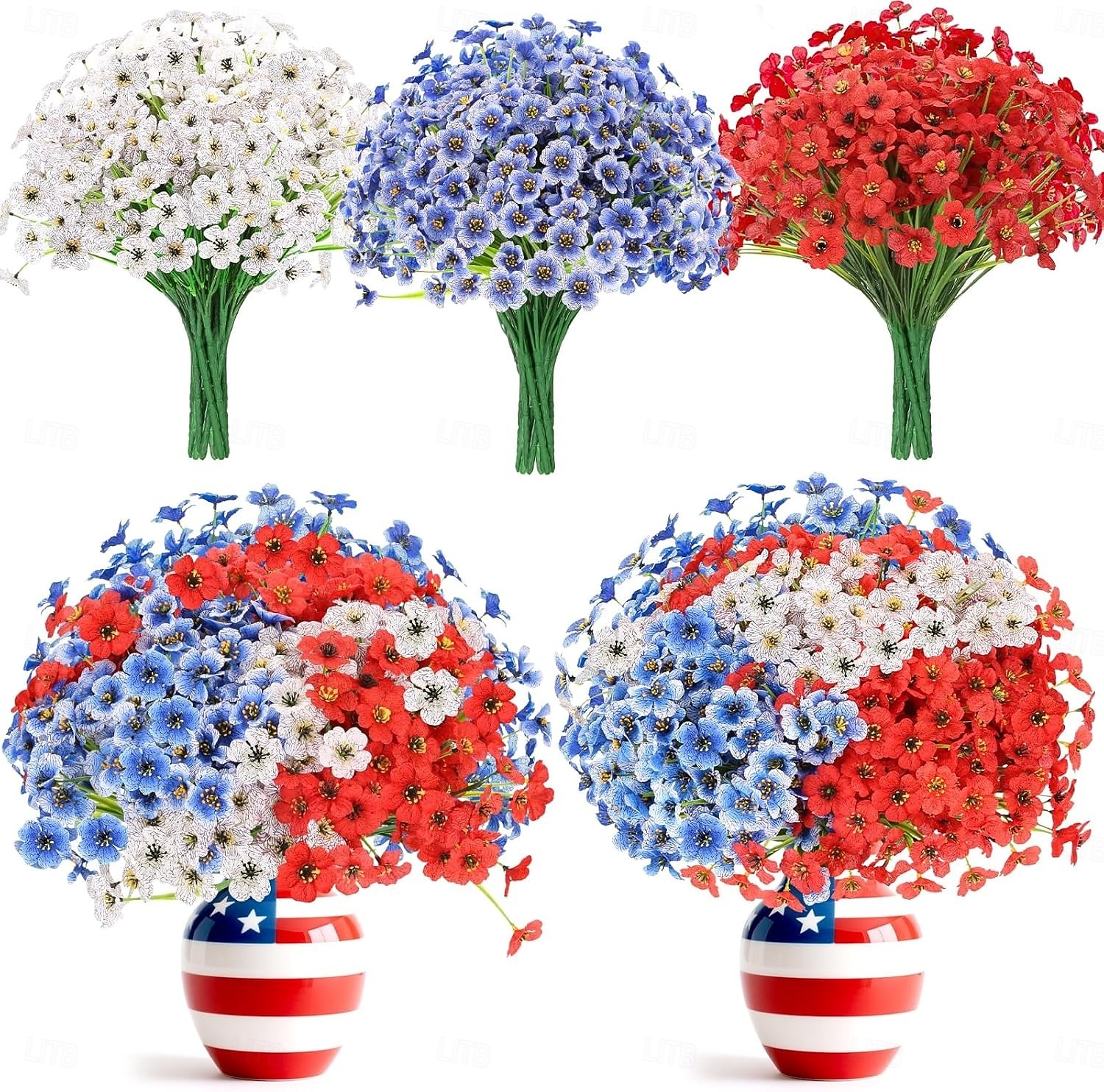 2026年 7月4日の飾り付け用、赤、白、青の愛国的な花のアレンジメント、フェイクシルク、UV耐性、メモリアルデー、庭、ポーチ、家の装飾用、デイジーの造花20束  コレクション – $23.99 –P1