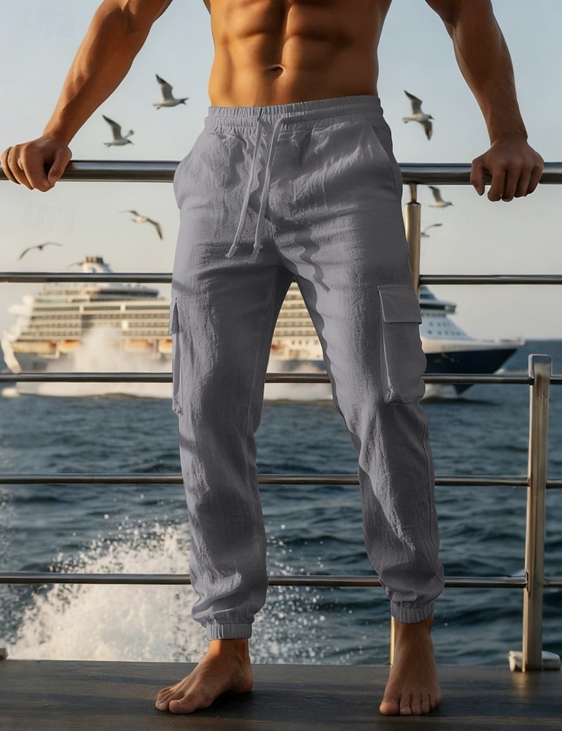 Herren Cargo-Hosen Leinenhosen Hose Sommerhose Strandhose Kordelzug Elastischer Bund Mehrere Taschen Einfach Komfort Atmungsaktiv Täglich Outdoor Strand Urlaub Mode Schwarz Weiß Unelastisch 2026 - $25.99 –P7