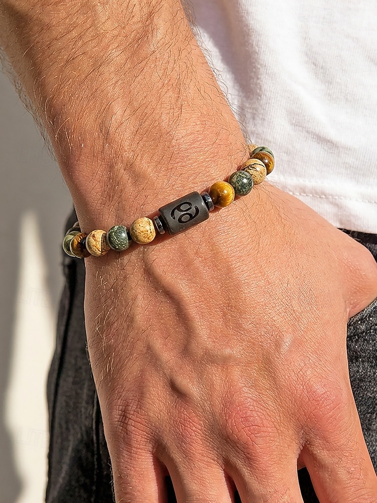 Men's Bohemian Style Natural Stone Bracelet with Zodiac Sign Pendant, Adjustable Elastic Beads, Ideal Gift, Beach Vacation and Casual Daily Wear 2026 - $7.99 –P3