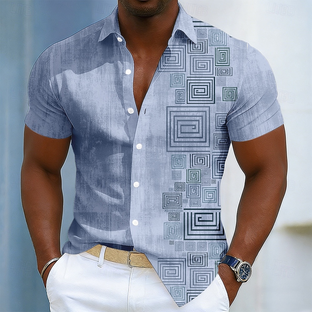 Per uomo Geometrico Etnico Chiave greca Camicia Camicia con Bottoni Manica Corta Moda Casual Quotidiano All'aperto Vacanza Estate Primavera Collo ripiegato Stampa 3D Camicia tipo lino Blu Giallo del 2026 a $25.99 –P3
