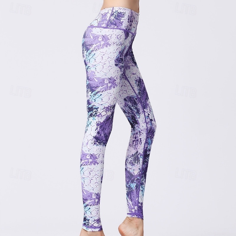 Dames Pilatesbroek Yogabroek Billenlift met ruche Hoge taille Sportschooltraining Hardlopen Fitness Legging Kleding Onderlichaam Flora Amethist Wit Blauw Sport Sportkleding Hoge Elasticiteit 2026 - $23.99 –P3