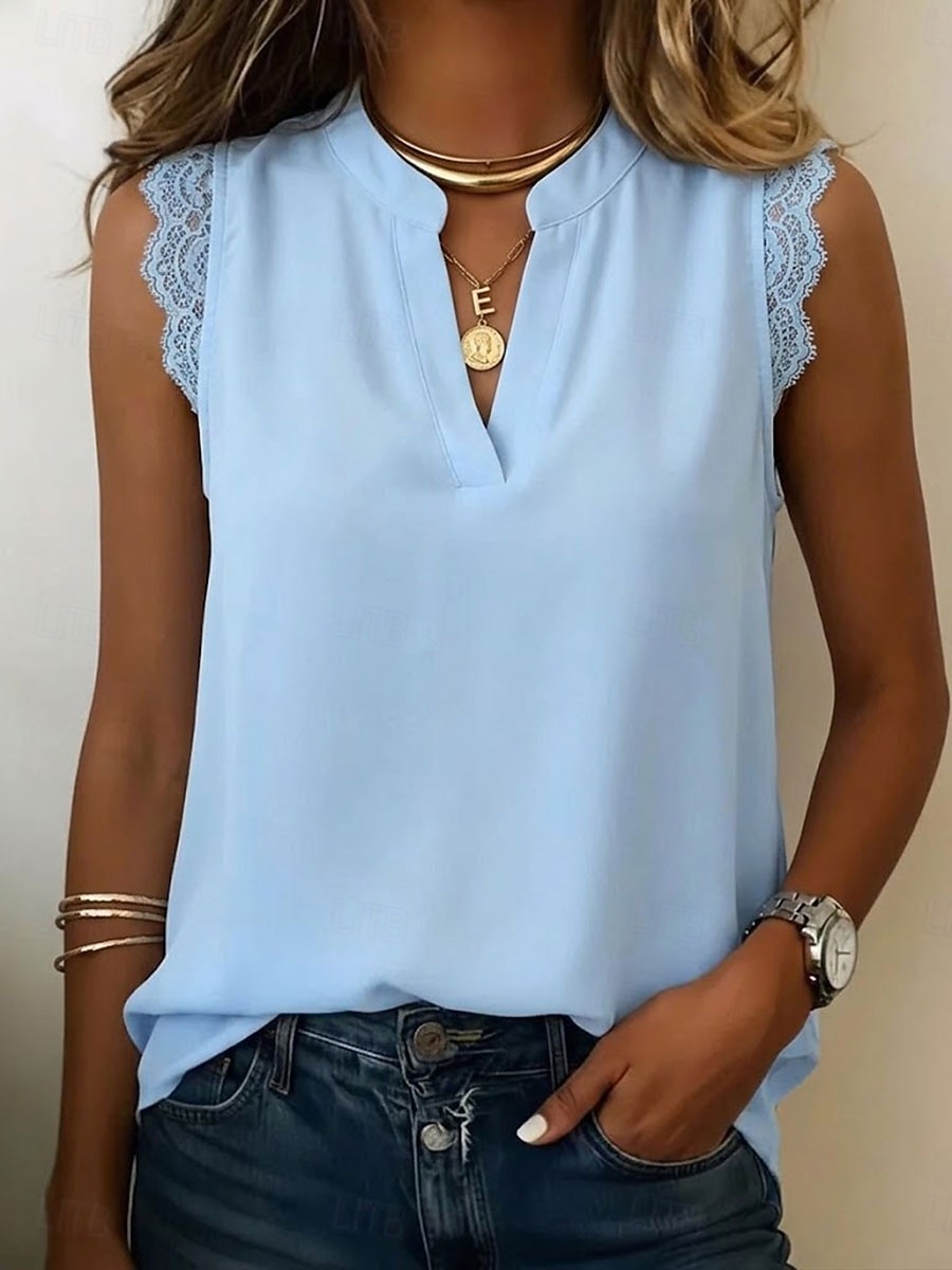 Dames Kanten overhemd Blouse Chiffon-topjes Lapwerk Effen Elegant Vakantie Mouwloos V-hals Lange tops Casual Wit patron Blozend Roze Groen Beige Zomer 2026 - $26.99 –P1