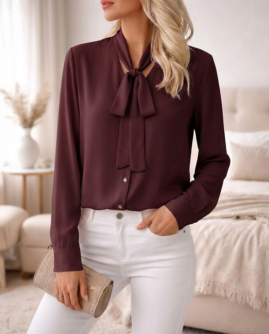 Mujer Tops de verano Elegante Básico Manga Larga Corbata en el cuello Escote en Pico Tops regulares Casual Oficina Verde Hierba Negro Blanco Rosa Morado Verano Primavera Otoño 2026 - $61.99 –P4