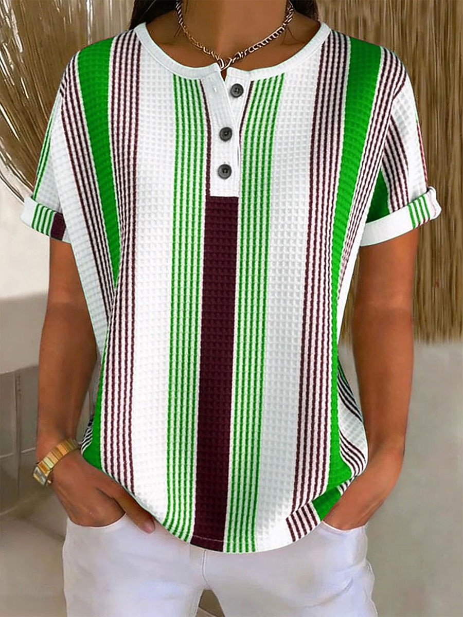 Per donna Top a maglia con texture Maglietta Blocco di colore Grafico Geometria Elegante Classico Manica Corta Girocollo Henley Top lunghi Quotidiano Sportivo Blu Rosso Viola Verde Estate Primavera del 2026 a $21.99 –P4