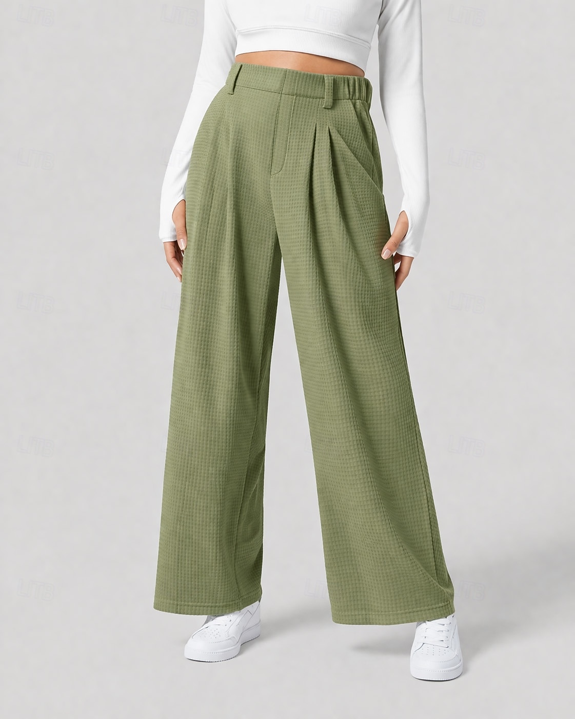 Women's Waffle Wide Leg Chinos Vacation Full Length High Waist Comfort Micro-elastic Daily Blue Depression Green Apricot Black Spring Loose Fit 2026 - $22.99 –P9