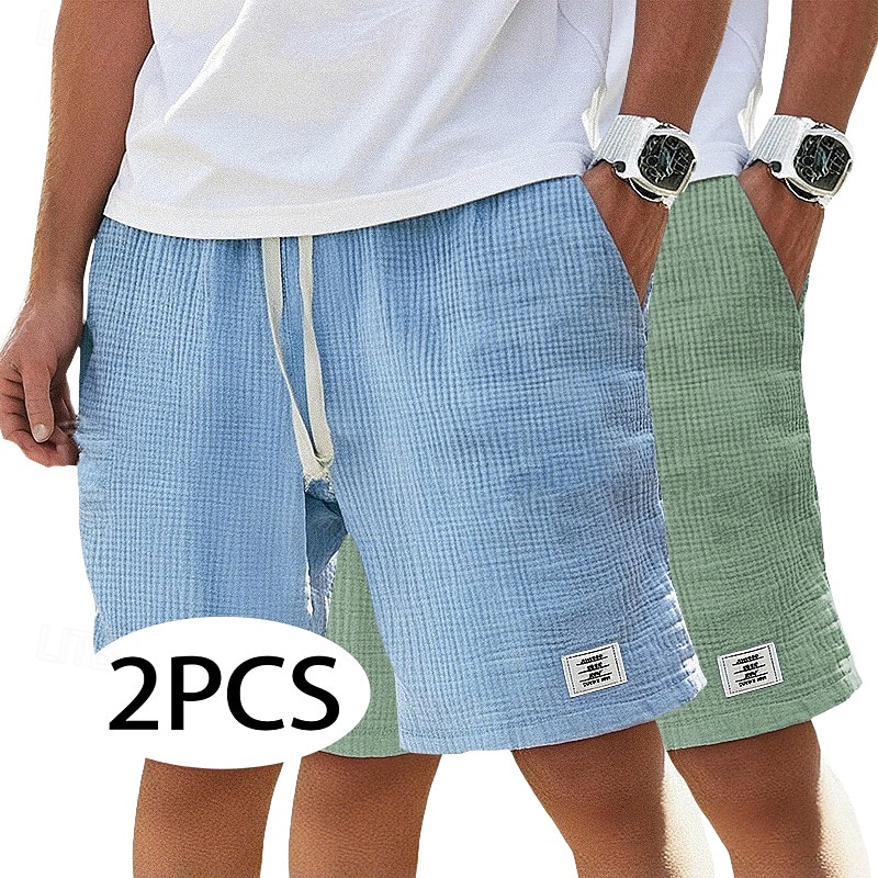 Men's Cotton Linen Shorts Summer Shorts Beach Shorts Casual Shorts Drawstring Pocket Elastic Waist Plain Comfort Breathable Knee Length Beach Vacation Holiday Hawaiian Casual Black+Khaki White+Navy 2026 - $33.99 –P1