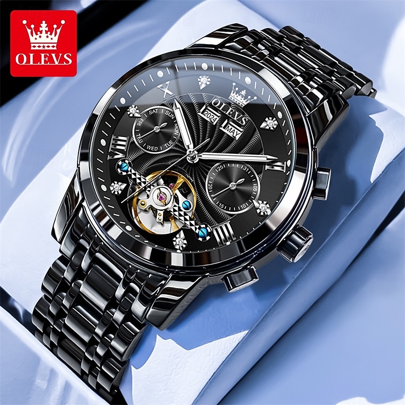 Orologio automatico da uomo Olevs Skeleton, lussuoso orologio da polso da lavoro bicolore in acciaio inossidabile con calendario multifunzione, orologio meccanico analogico luminescente impermeabile, del 2026 a $109.99 –P1