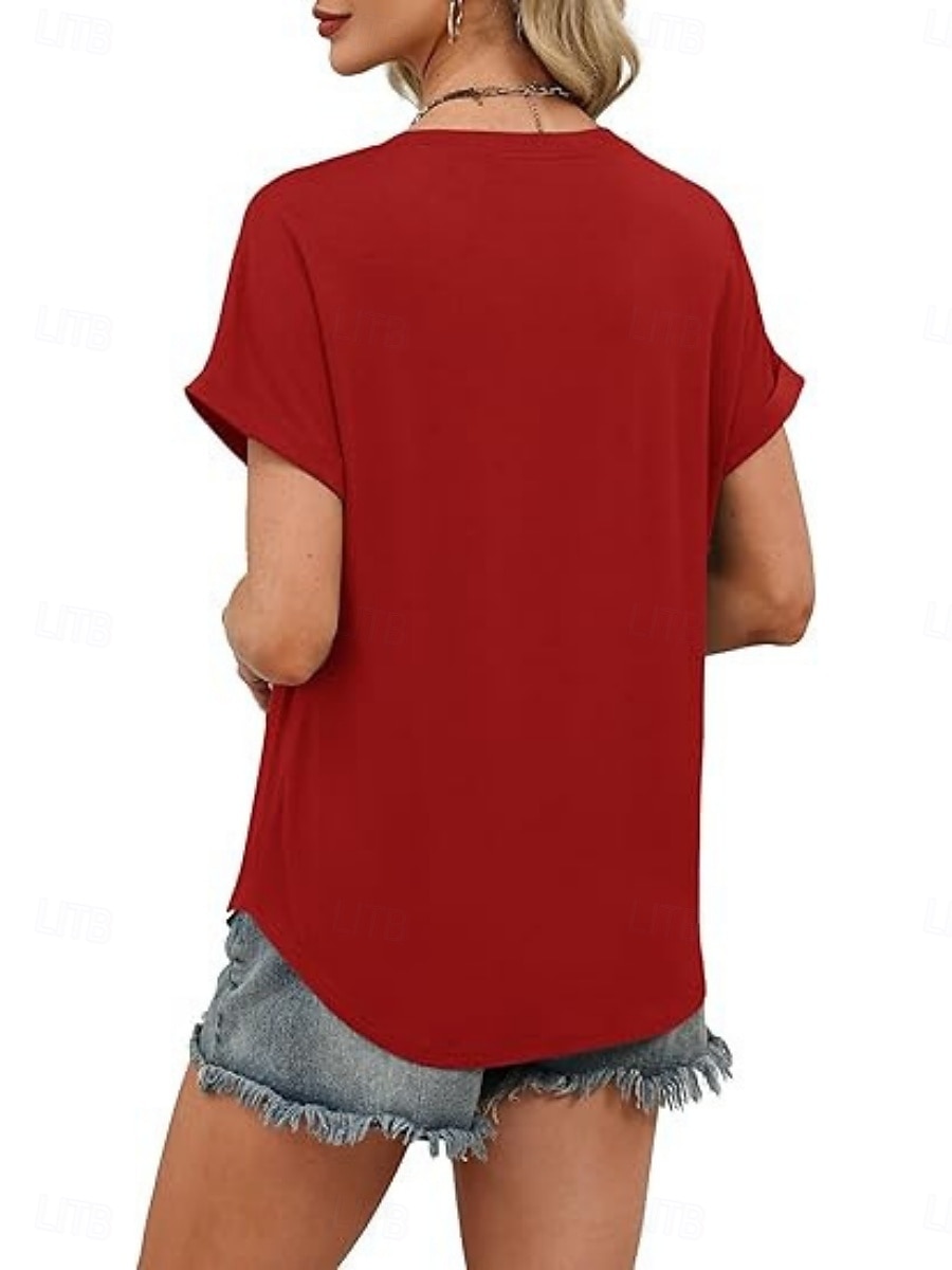 Femmes T-shirt Uni Mode Élégant Classique Manche Courte Col en V Hauts Réguliers Quotidien Sortir Week-end Bleu Noir Blanche Rose Claire Rouge Été Printemps de 2026 ? $19.99 –P18