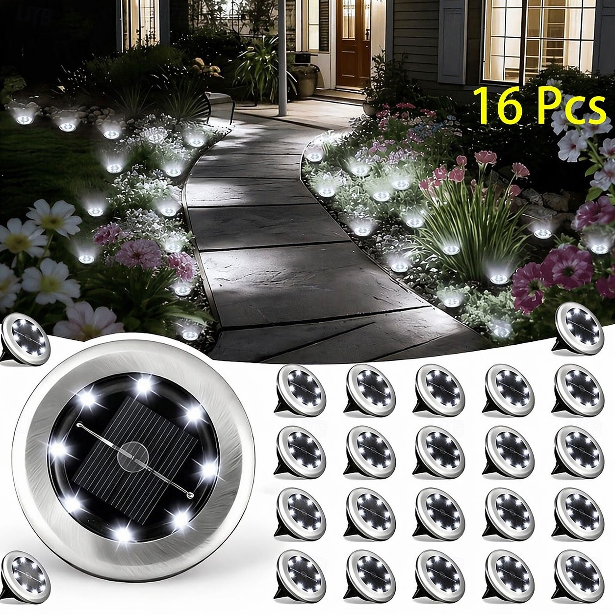16 Pcs Outdoor Solar Garden Lights, IP44 Waterproof Pathway Lights with 8 LED Beads, Decorative Ground Stake Lights for Yard, Lawn, Flower Bed, Farm, Patio, Driveway, Landscape, Outdoor Decor 2026 - $53.99 –P2