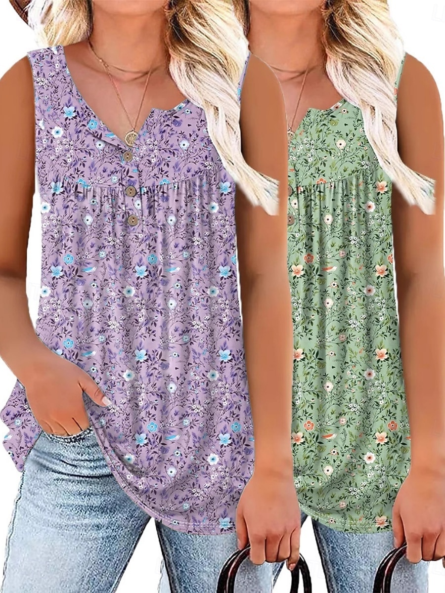 Multi Packs 2pcs Women's V Neck Sleeveless Yellow+Blue Tank Sleeveless Shirt Tee Top Floral Casual Daily Polyester Summer 2026 - $44.99 –P2
