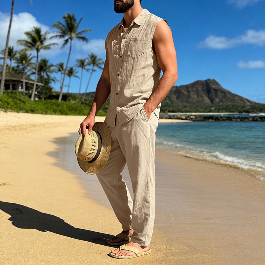 Male Linen Shirt 2 Piece Shirt Set And Linen Pants Trousers Casual Pants Set Plain Daily Outdoor Vacation Turndown Sleeveless Summer Fashion Casual Comfortable Clothing Apparel 2026 - $36.99 –P17