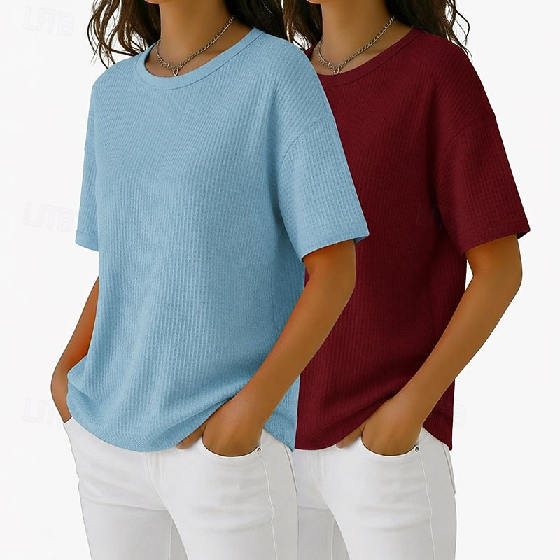 Набор из 2 женских футболок с вафельной текстурой, вафельный трикотаж, однотонные, стильные, базовые, классические, с коротким рукавом, круглым вырезом, стандартного кроя, повседневные, пляжные, розовые+оранжевые. 2026 - $41.99 –P8