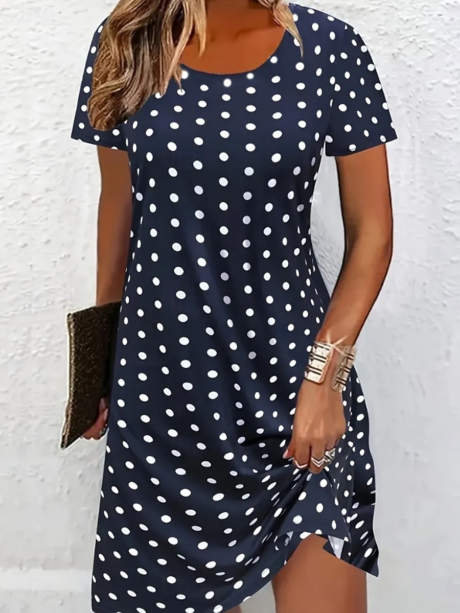 Mulheres Vestido no Joelho Vestido de turno Vestido T shirt Vestido de verão Casual Normal Gráfico Poá Manga Curta Gola Redonda Azul Verão Primavera de 2026 por $21.99 –P1