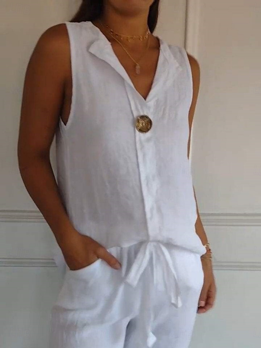 Per donna Camicia in cotone e lino Maglietta Bottoni Semplice Moda Elegante Classico Senza Maniche Colletto a Camicia Top Regolari Quotidiano Uscire Weekend Bianco Blu marino Verde Cachi Estate del 2026 a $22.99 –P5