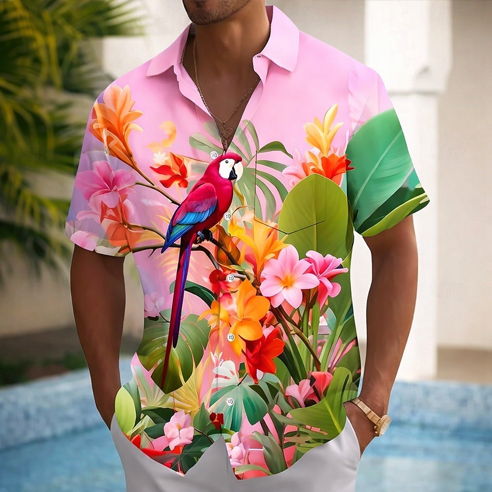 Men's Parrot Tropical Plants Flowers Summer Hawaiian Shirt Button Up Shirt Aloha Shirt Short Sleeve Hawaiian Vacation Summer Spring Turndown 3D Print Collared Shirts Front One Pocket Blue Pink Red 2026 - $25.99 –P3