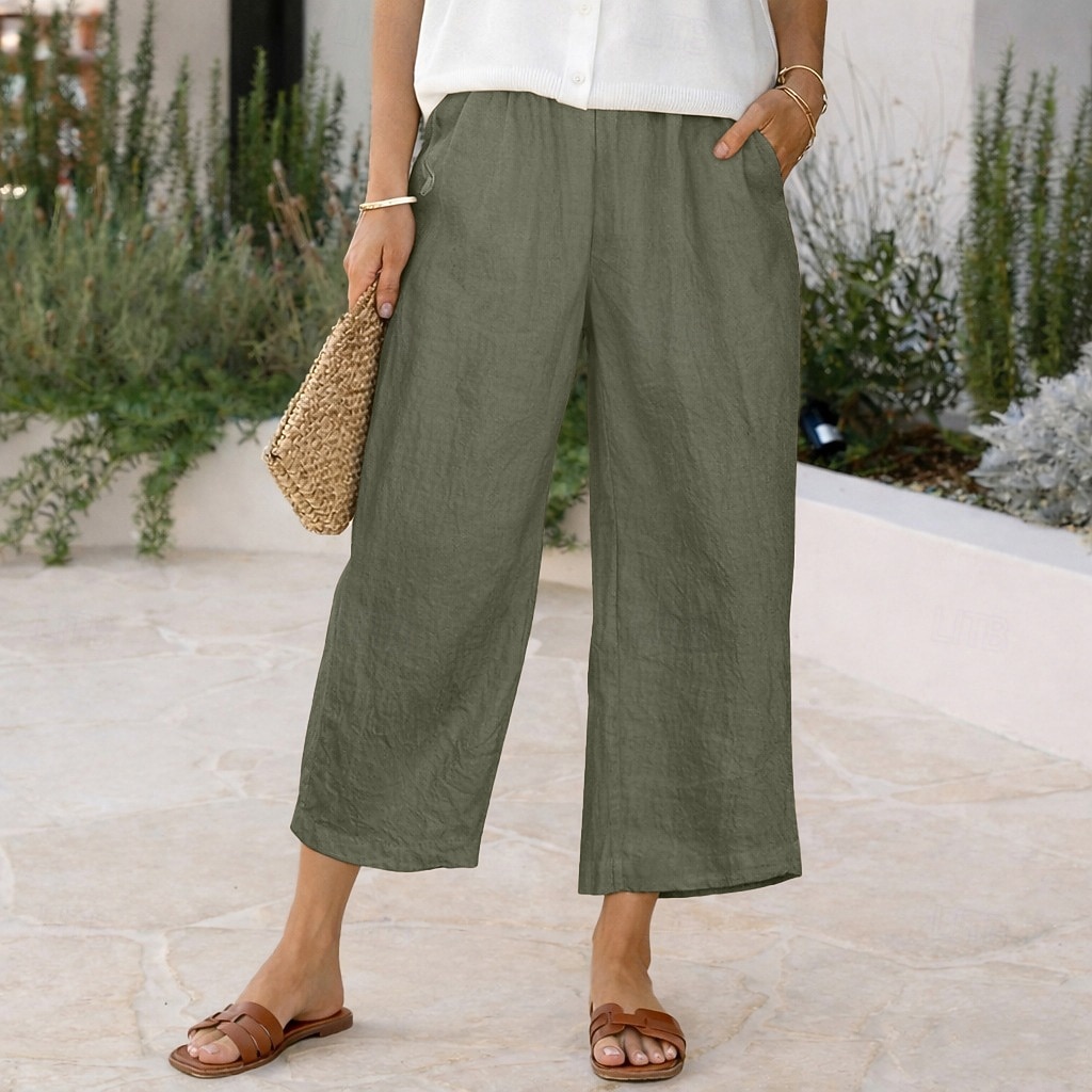 Women's Linen-feel Pants Capri Pants Trousers Summer Shorts Vacation Fashion Basic Full Length High Waist Solid Color Plain Pocket Wide Leg Elastic Waistband Comfort Soft Breathable Inelastic 2026 - $19.99 –P7