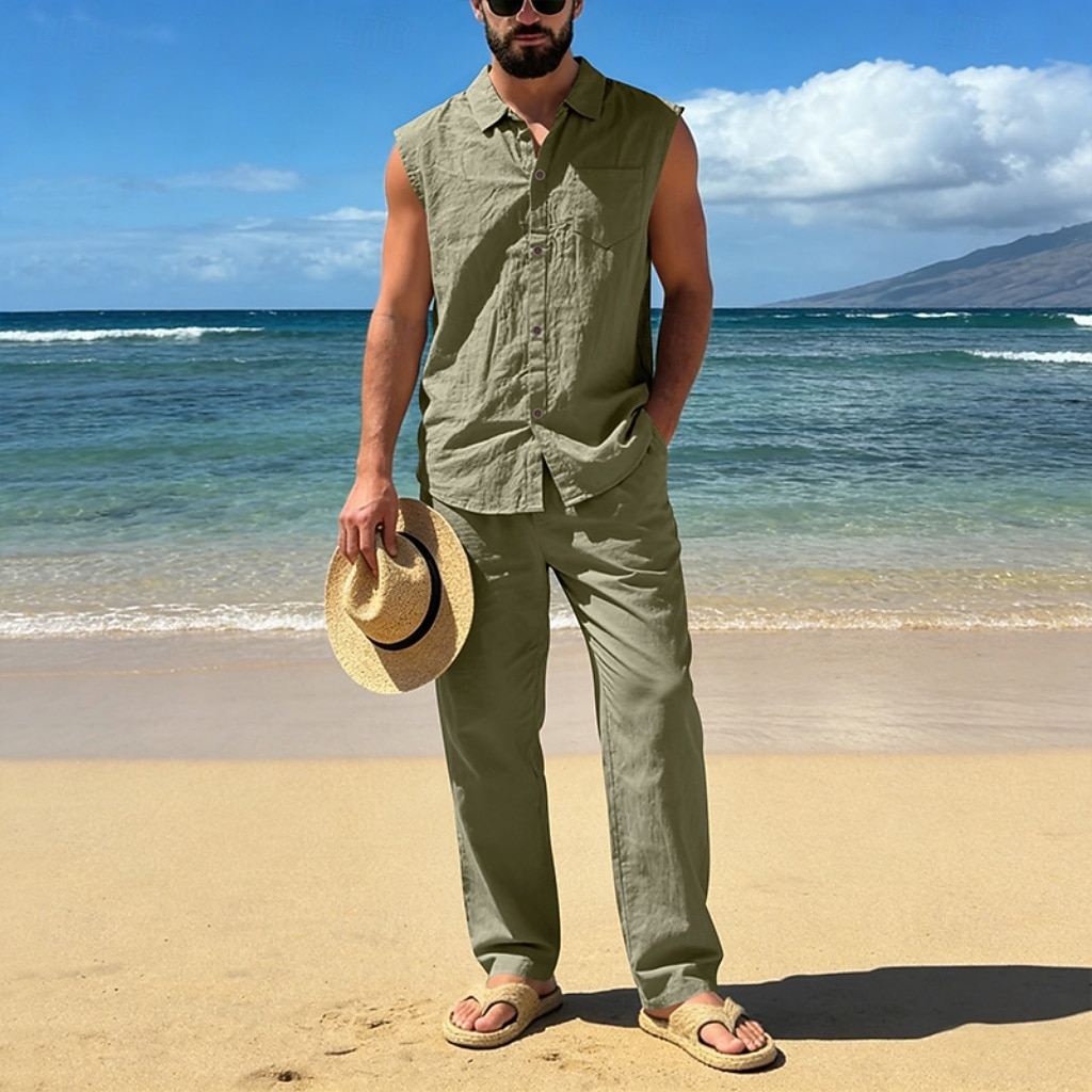 Male Linen Shirt 2 Piece Shirt Set And Linen Pants Trousers Casual Pants Set Plain Daily Outdoor Vacation Turndown Sleeveless Summer Fashion Casual Comfortable Clothing Apparel 2026 - $36.99 –P13