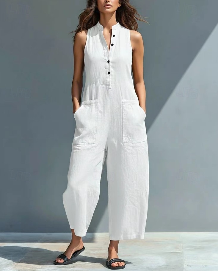 Mujer Normal Mono con tacto de lino Activo Color sólido Sin Mangas Perneras anchas Escote en Pico Bolsillo Botones Diario Vacaciones Holgado Azul Piscina Negro Blanco Verano 2026 - $39.99 –P4