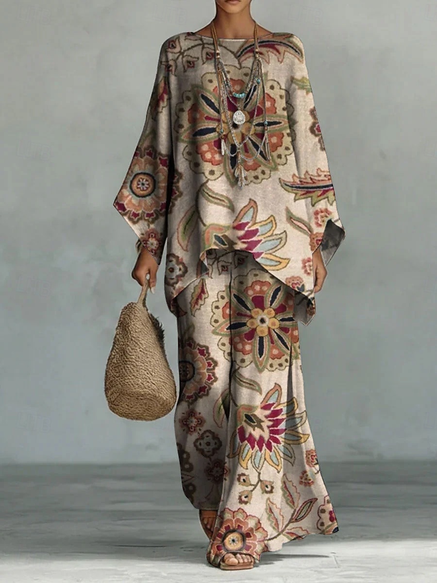 Women's Shirt Cotton Linen Sets Pants Sets Long Sleeve Bell Sleeve Round Neck Floral Graphic Paisley Print Vacation Fashion Streetwear Casual Daily Outdoor Navy Blue Beige Summer Loose Fit 2026 - $57.99 –P2