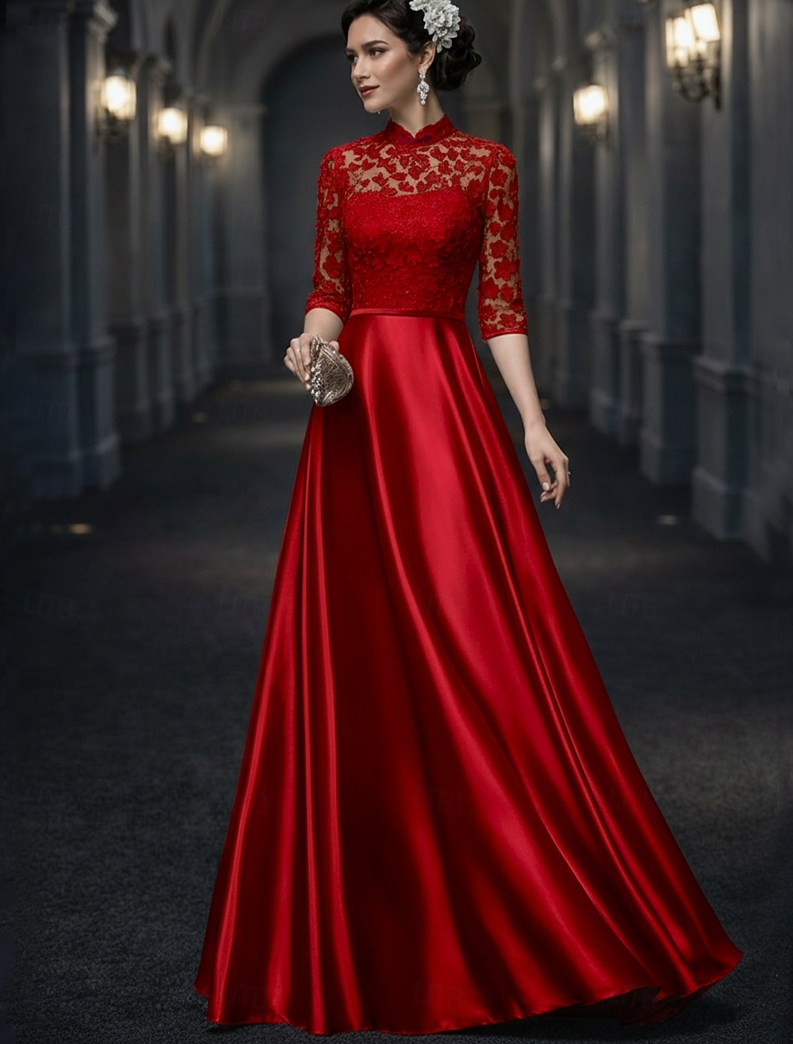 Linea ad A Lunghezza al pavimento Abito da invitata a nozze Abito Formale Abito da sera Abito da cerimonia per signora Mezza Manica Collo Alto Elegante Vintage Ospite di nozze Ricevimento di del 2026 a $103.99 –P9