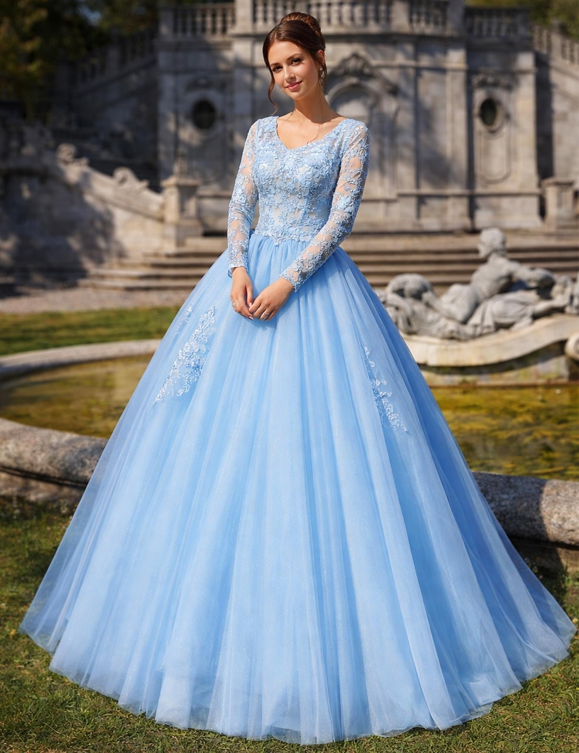 Robe de Bal Longueur Plancher Robes de Promo Princesse Bouffante Manches Longues Col en V Performance Quinceanera avec Cristaux Appliqués de 2026 ? GBP £86.89 –P3