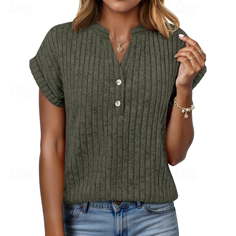 Per donna Maglietta Bottoni Tinta unica Moda Classico Casual Manica Corta Scollo a V Top Regolari Quotidiano Uscire Weekend Blu Nero Verde militare Grigio Estate Primavera del 2026 a $22.99 –P3