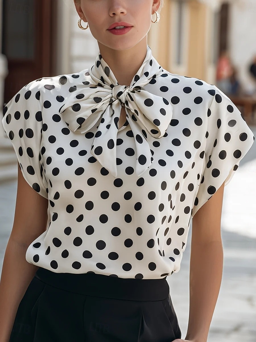 Dames Overhemd Blouse Top met stippen Strik Geometrisch Stijlvol Basic Klassiek Korte mouw Stropdas nek Normale tops Dagelijks Kantoor Feestdagen Zwart Wit Rood Zomer Lente 2026 - $28.99 –P1