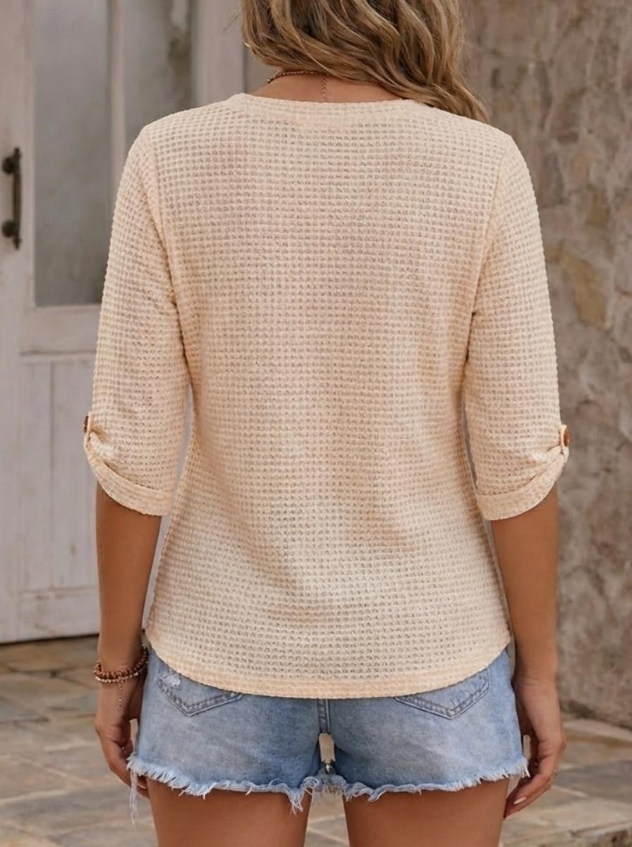 Dame Vaffel T-skjorte T-skjorte Helfarge Elegant Årgang Stilfull Halvlange ermer Crew-hals Vanlige topper Avslappet Ut på byen Svart Aprikos Sommer Vår 2026 - $21.99 –P2