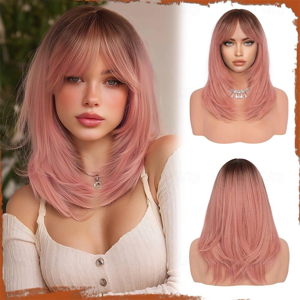 Peruca longa, lisa e em camadas, rosa, com franja, 40 cm (16 polegadas), com raízes escuras, aparência natural, cabelo sintético macio e resistente ao calor, comprimento médio, ideal para uso diário e de 2026 por $32.99 –P1
