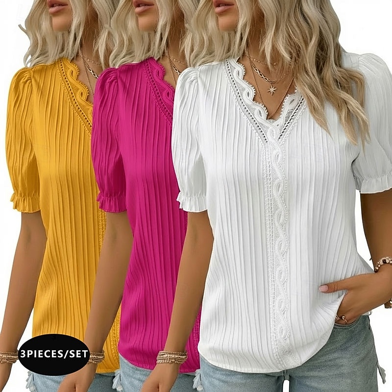 pachete multiple 3 buc bluză texturată pentru femei tricou top dantelă patchwork simplu modă elegant clasic mânecă scurtă decolteu în V topuri obișnuite casual zilnic plajă alb+fucsia+galben 2026 - $38.99 –P1