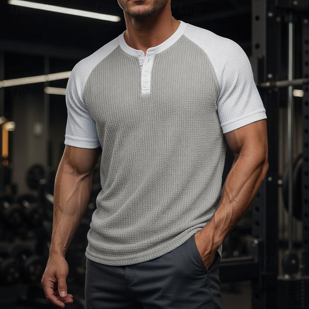 Муж. Футболка с вафельным рисунком Футболка С короткими рукавами Сплошной цвет Мода Оригинальный рисунок На каждый день Цветовые блоки Рукав «реглан» Хенли Повседневные на открытом воздухе 2026 - $21.99 –P1