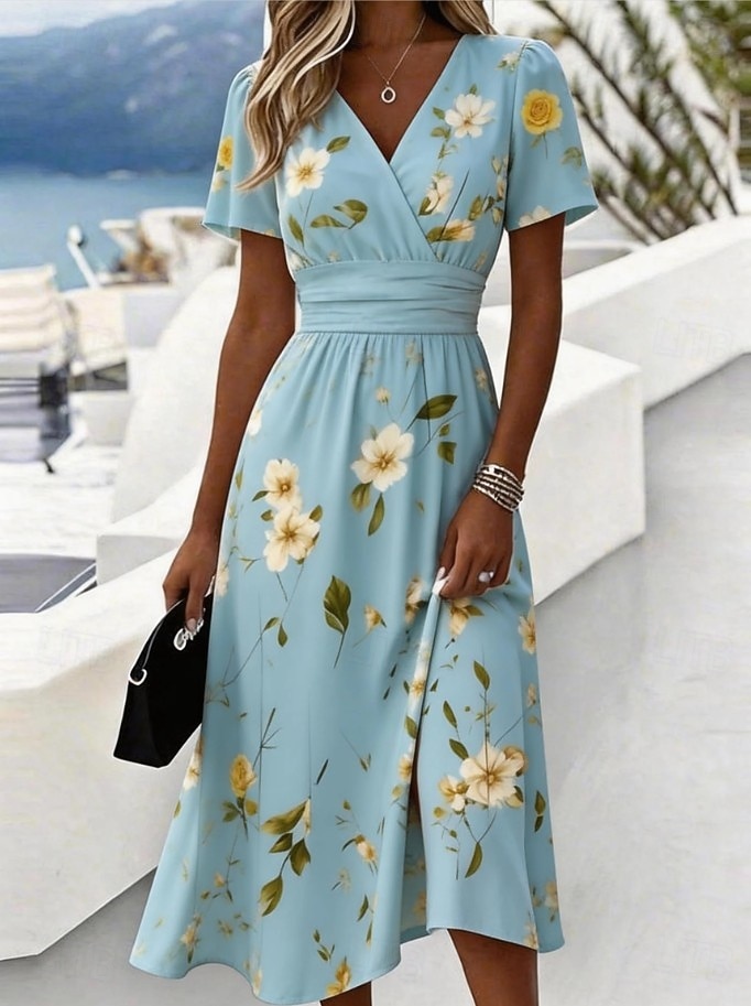 Per donna Abito Midi Abito a Tubino Vacanza Casual Boho Quotidiano Abito Estivo Abito Primaverile Vestibilità regolare Floreale Grafico Manica Corta Girocollo Scollo a V Blu Azzurro cielo Blu scuro del 2026 a $34.99 –P2