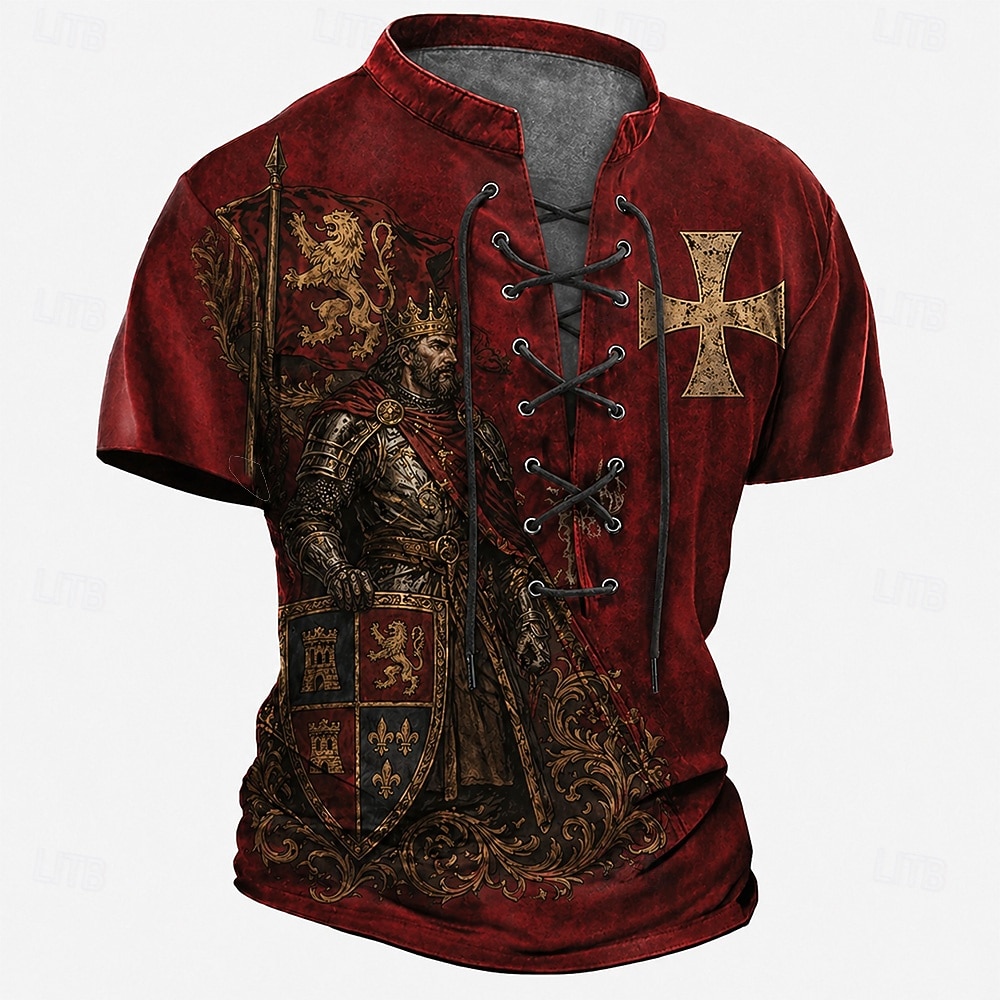 Chemise Henley vintage gothique médiévale/Renaissance à manches courtes, imprimée sur toute la surface, avec lacets, motif chevalier templier, croix rouge et corbeau, idéale pour les fêtes médiévales, de 2026 ? $18.99 –P2