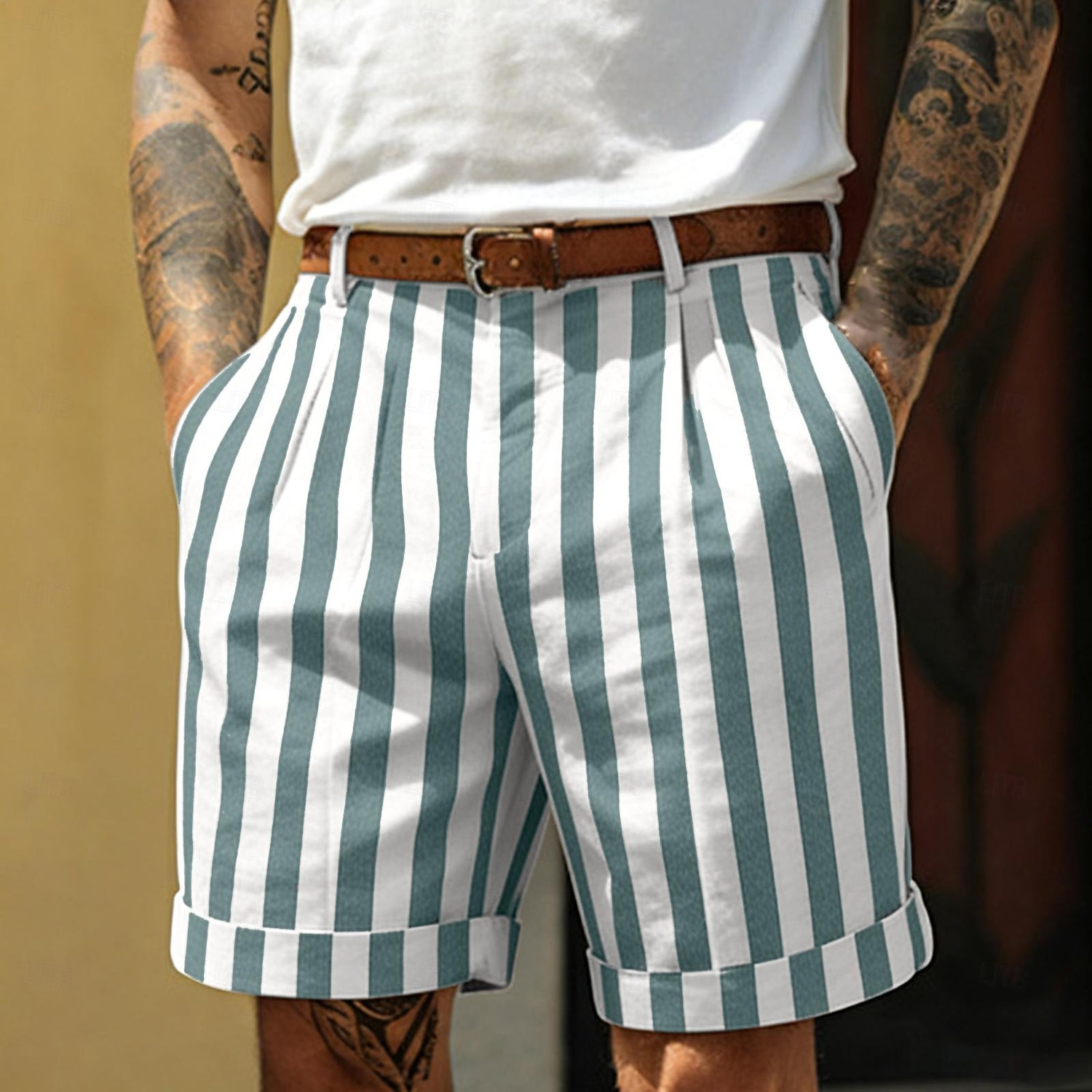 Hombre Pantalón corto Pantalones cortos de lino Pantalones cortos de verano Pantalones cortos de playa Bolsillo Cintura elástica A Rayas Comodidad Transpirable Longitud de la rodilla Casual Diario 2026 - $24.99 –P2