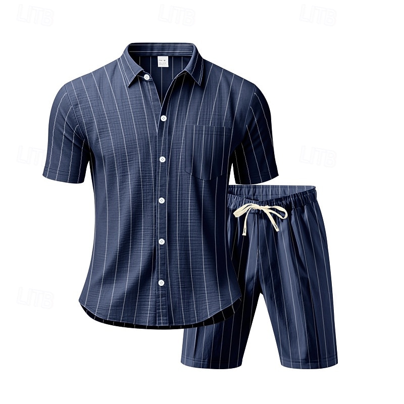 Men Linen Shirt 2 Piece Shirt Set And Shorts Linen Shorts Beach Shorts Set Vertical Stripes Casual Daily Outdoor Turndown Short Sleeve Summer Fashion Casual Comfortable Clothing Apparel 2026 - $32.99 –P2