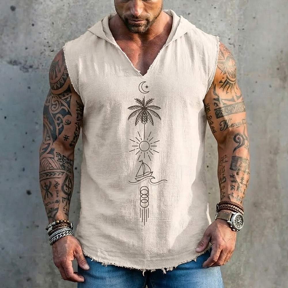 Herren-Kapuzenjacke mit geometrischem Palmen-, Sonnen-, Segelboot- und Mondmuster im Boho-Stil, ärmellos, locker geschnitten, V-Ausschnitt, ausgefranster Saum, Sommer, Strandurlaub, Designer-Kleidung, 2026 - $19.99 –P1