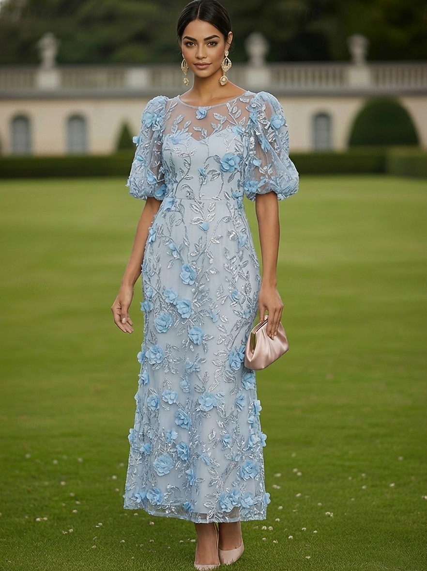 Sheath Column Ankle Length Lace Dress Cocktail Dresses Elegant Vintage Floral Short Sleeve One Shoulder Garden Party Wedding Satin Tulle with 3D Flowers Bow(s) 2026 - $194.99 –P1